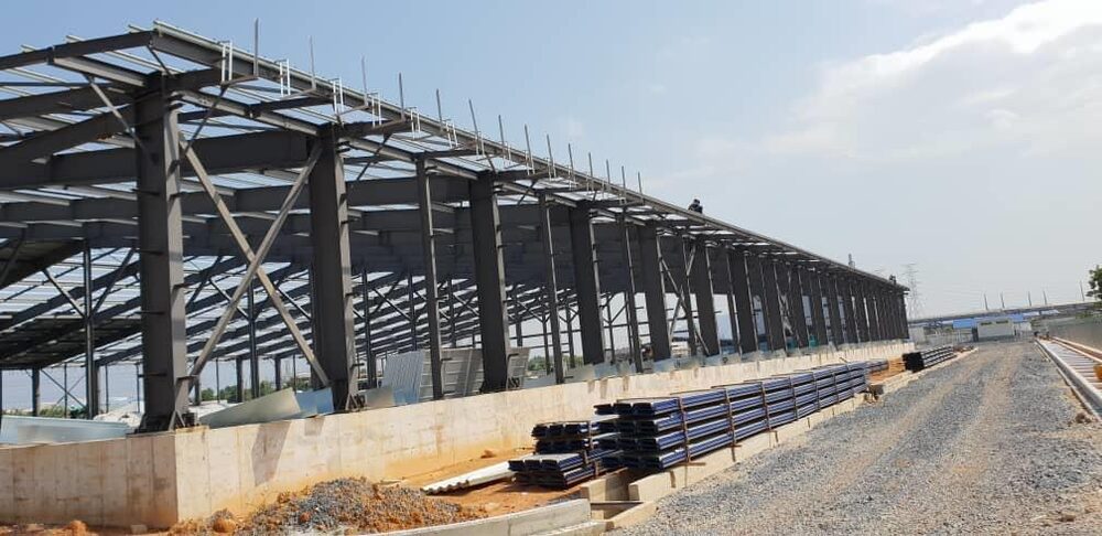 Steel structural warehouse frame under construction at CJ Bio Paka